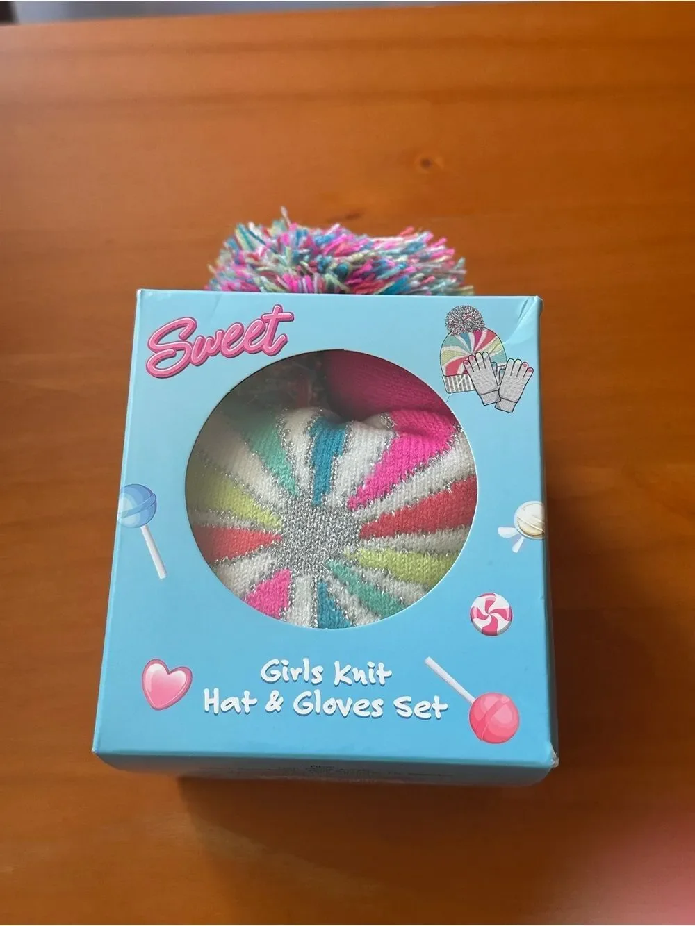 Sweet Girls Knit Hat & Gloves Set - Multicolor Pom Pom